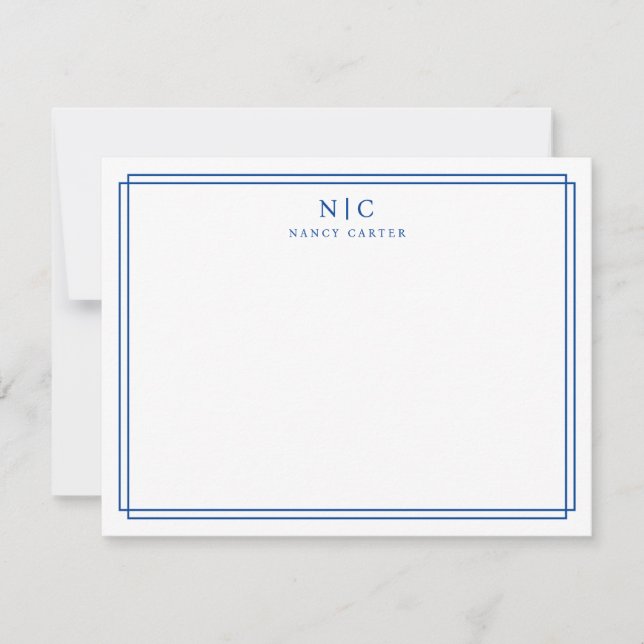 Navy Blue Monogram Geometric Border Note Card (Front)
