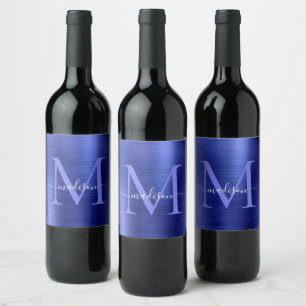 Navy Blue Monogram Girly Script Metallic Steel Wine Label