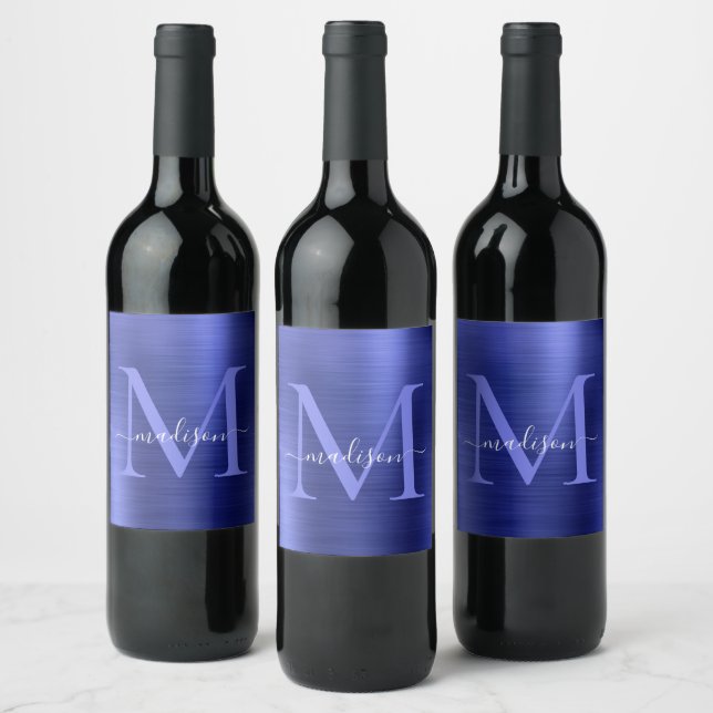 Navy Blue Monogram Girly Script Metallic Steel Wine Label (Bottles)