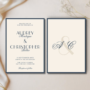 Navy Blue Monogram Glam Formal Old Money Wedding Invitation