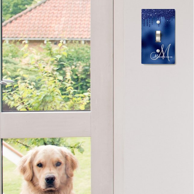 Navy Blue Monogram Glitter Drips Pretty Sparkle Light Switch Cover (Creator Uploaded)