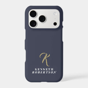 Navy Blue Monogram Gold Initial White Name Men iPhone 17 Pro Case