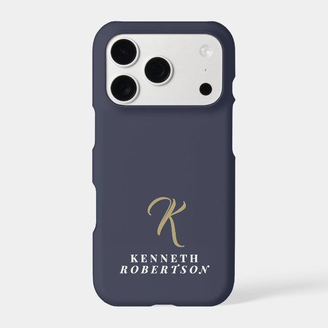 Navy Blue Monogram Gold Initial White Name Men iPhone Case (Back)