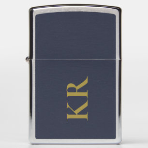 Navy Blue Monogram Gold Initials Minimalist Men Zippo Lighter