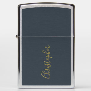 Navy Blue Monogram Gold Script Name Minimalist Men Zippo Lighter