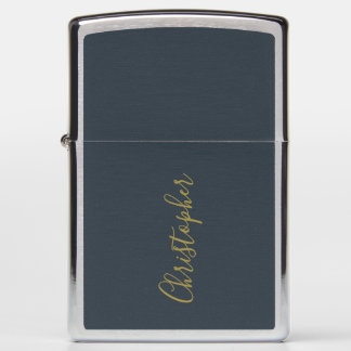 Navy Blue Monogram Gold Script Name Minimalist Men Zippo Lighter