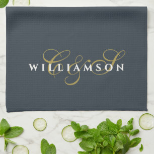 Navy Blue Monogram Gold White Minimalist Couple Kitchen Towel
