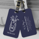 Navy Blue Monogram Golf Bag Luggage Tag<br><div class="desc">This elegant monogram golf bag or luggage tag features a simple white outline of a golf bag filled with clubs against a navy blue background. The design includes a classic serif font initial monogram on the bag, blending seamlessly into the overall look. Below the monogram, the full name is displayed...</div>