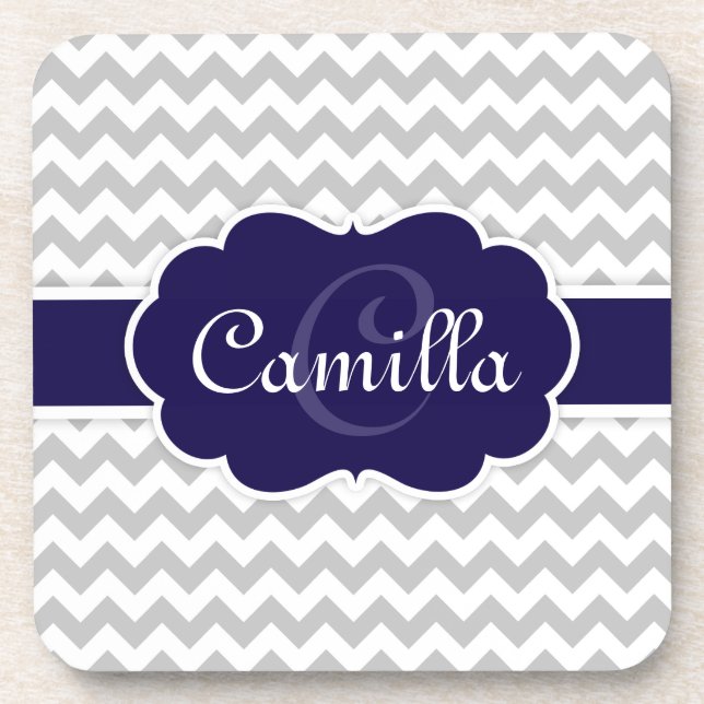 Navy Blue Monogram Gray Chevron Pattern Beverage Coaster (Front)