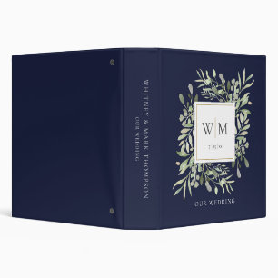 Navy Blue Monogram Greenery Wedding Photo Album 3 Ring Binder