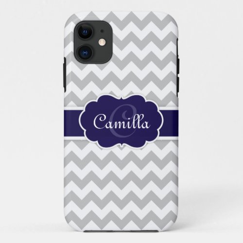 Navy Blue Monogram Grey Chevron Pattern iPhone 11 Case