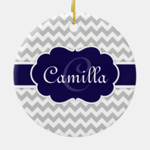 Navy Blue Monogram Grey Chevron Pattern Ceramic Ornament