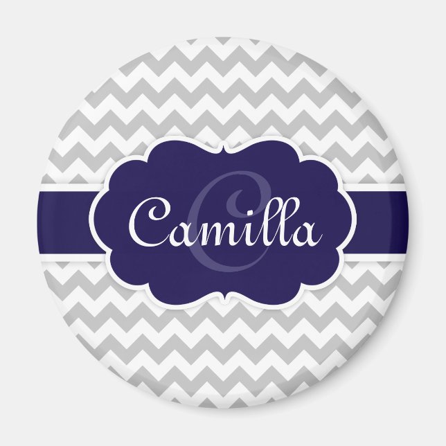 Navy Blue Monogram Grey Chevron Pattern Magnet (Front)