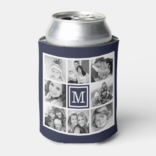 Navy Blue Monogram Instagram Photo Collage Can Cooler (Can Front)