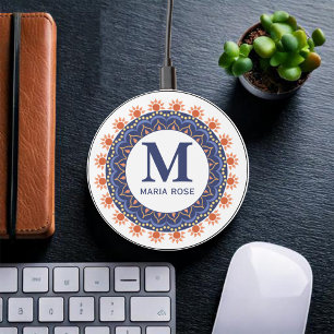 Navy Blue Monogram Mandala Wireless Charger