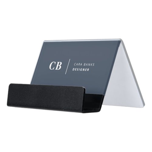 Navy Blue Monogram Modern Minimal Simple Desk Business Card Holder