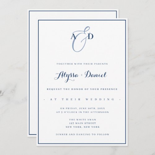 Navy Blue Monogram Modern Wedding Invitation