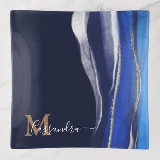 Navy Blue Monogram Name Abstract Watercolor Trinket Tray