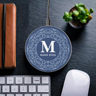 Navy Blue Monogram Name Custom  Wireless Charger