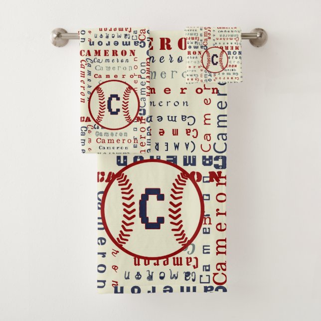 Navy Blue Monogram Name Gifts for Kids Baseball Bath Towel Set (Insitu)