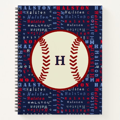 Navy Blue Monogram Name Gifts Kids boys baseball N Notebook