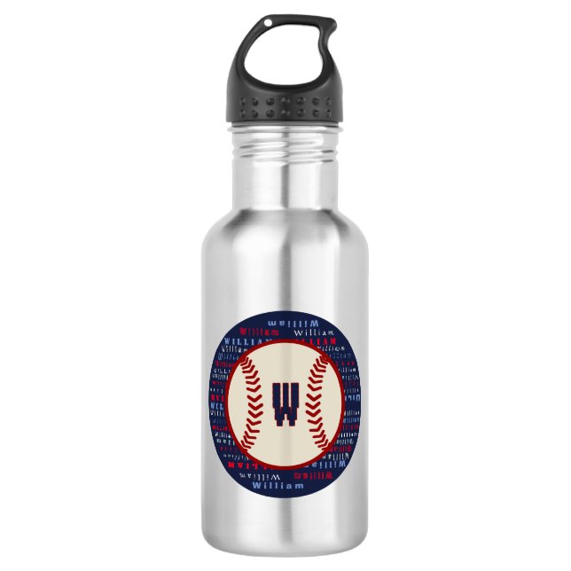 Navy Blue Monogram Name Gifts Kids boys baseball S Stainless Steel Water Bottle (Front)