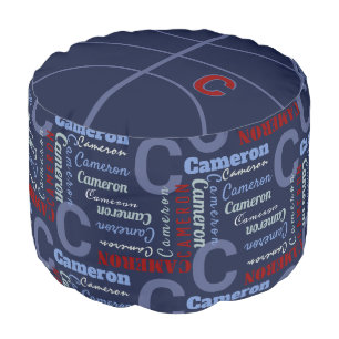 Navy Blue Monogram Name Kid Bedroom Boy Basketball Pouf