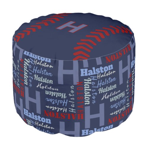 Navy Blue Monogram Name Kid Bedroom Boys Baseball Pouf