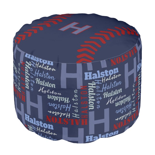 Navy Blue Monogram Name Kid Bedroom Boys Baseball Pouf (Angled Front)