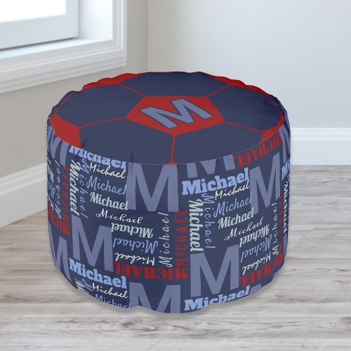 Navy Blue Monogram Name Kid Bedroom Boys Soccer Pouf