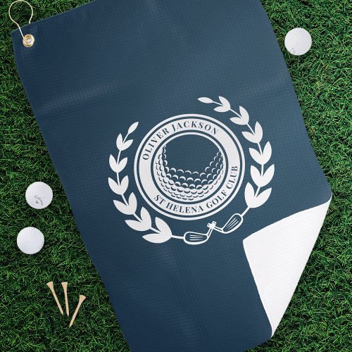 Navy Blue Monogram Name Laurel Wreath Golf Towel