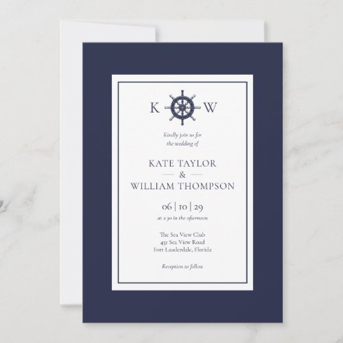 Navy Blue Monogram Nautical Ship Wheel Wedding Invitation