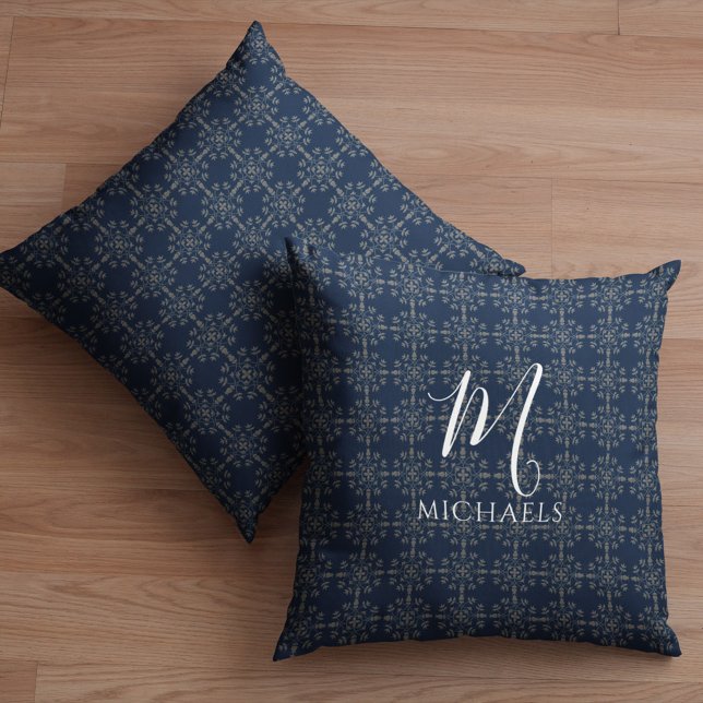 Navy Blue Monogram Pattern Custom Throw Pillow (Navy blue Silver Snowflake pattern monogram and name pillow)