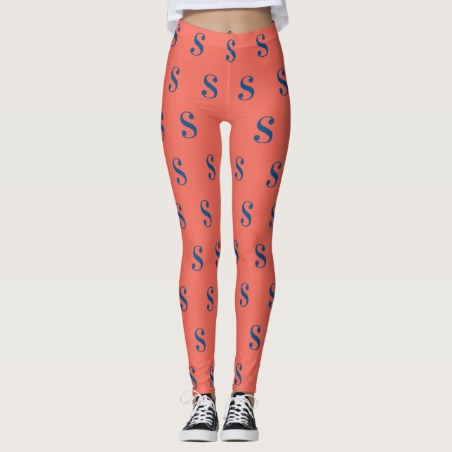 Navy Blue Monogram Pattern on Orange Leggings (Front)
