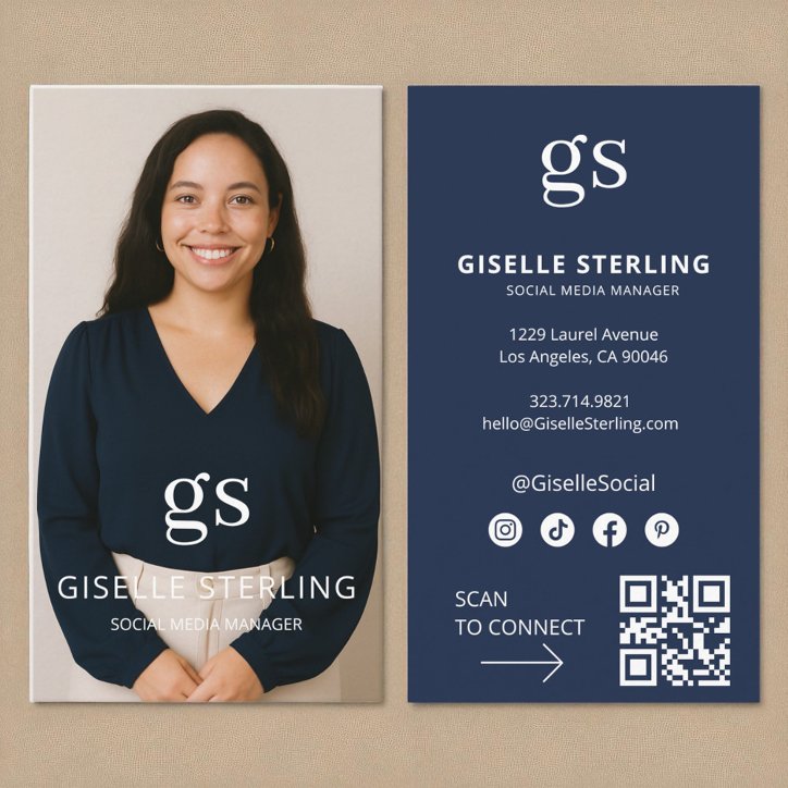 Navy Blue Monogram Photo Social Media QR Code Business Card