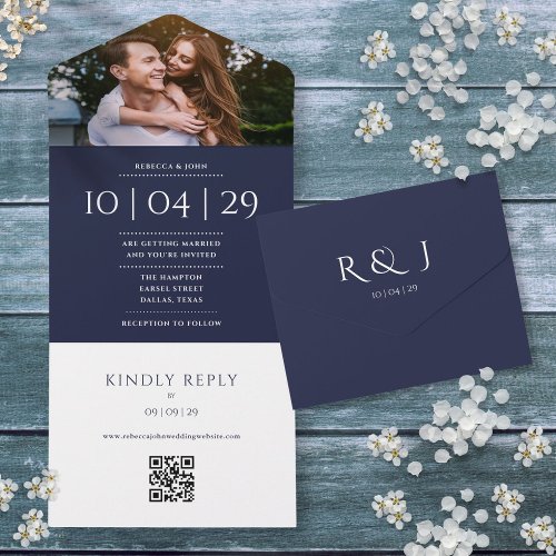 Navy Blue Monogram QR Code Photo Wedding Date All In One Invitation