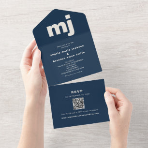 Navy Blue Monogram QR Code Wedding All In One Invitation