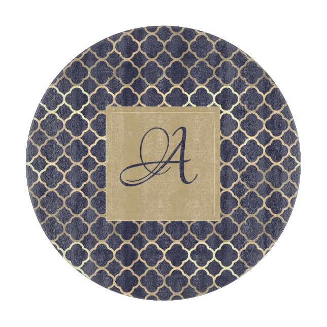 Navy Blue Monogram Quatrefoil Newlyweds Wedding Cutting Board (Front)