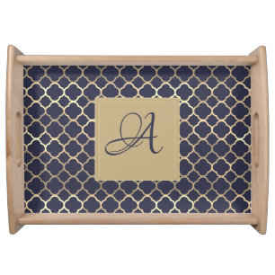 Navy Blue Monogram Quatrefoil Newlyweds Wedding Serving Tray