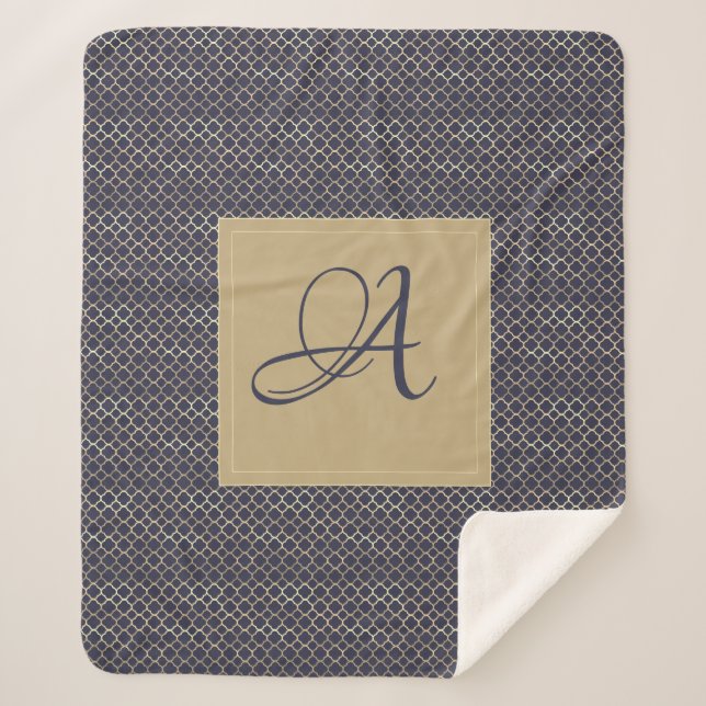 Navy Blue Monogram Quatrefoil Newlyweds Wedding Sherpa Blanket (Front)