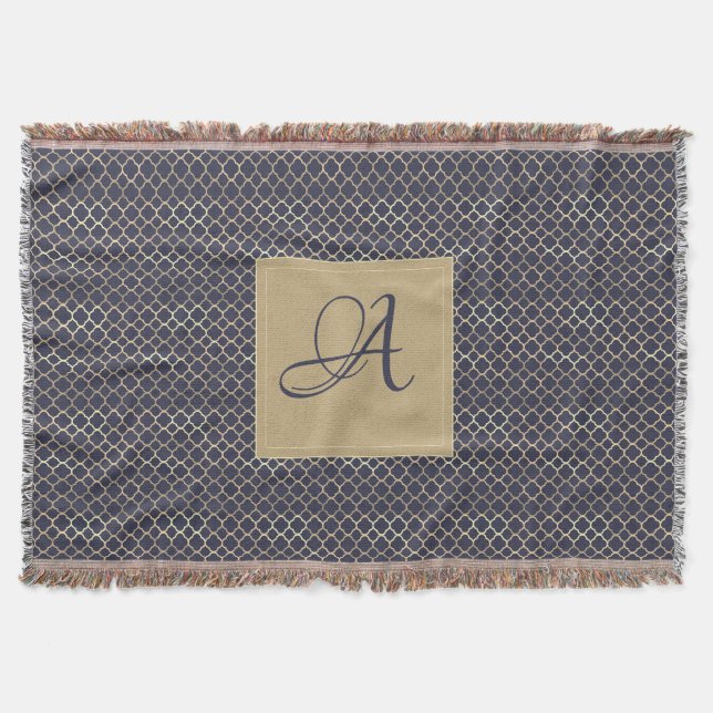 Navy Blue Monogram Quatrefoil Newlyweds Wedding Throw Blanket (Front)