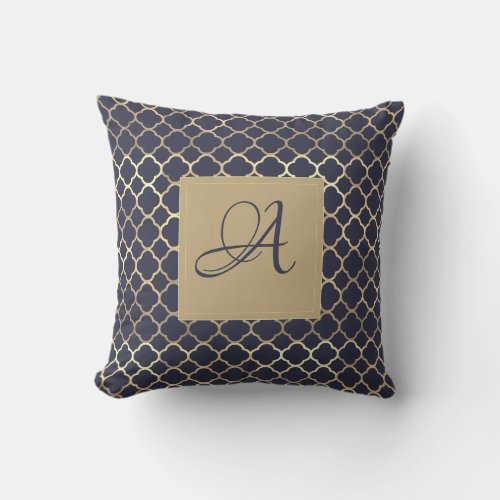 Navy Blue Monogram Quatrefoil Newlyweds Wedding Throw Pillow