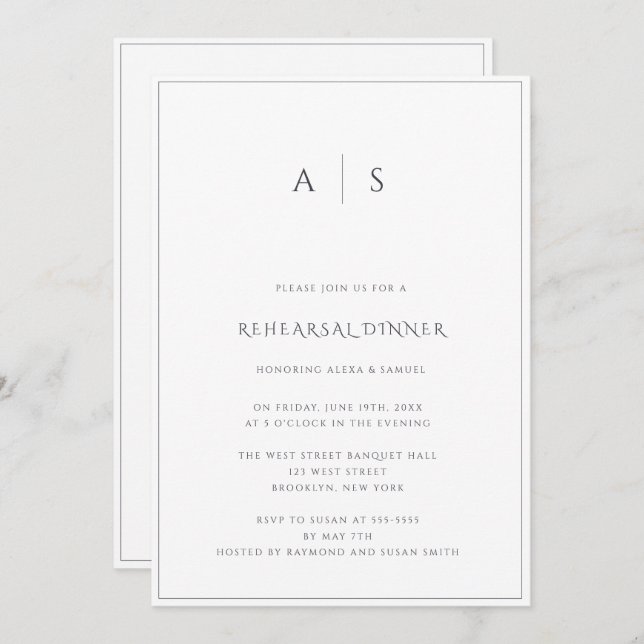 Navy Blue Monogram Rehearsal Dinner Invitation (Front/Back)