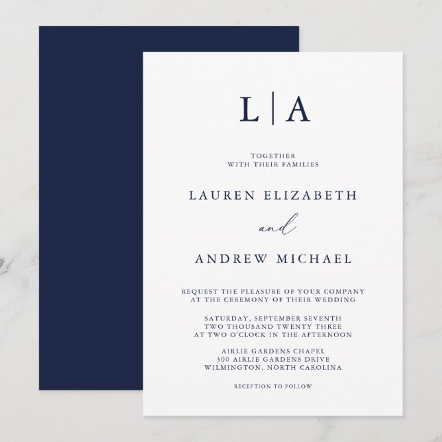 Navy Blue Monogram Simple Minimalist Wedding Invitation (Front/Back)