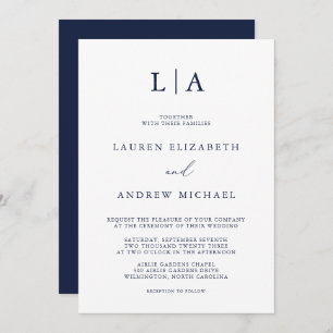 Navy Blue Monogram Simple Minimalist Wedding Invitation