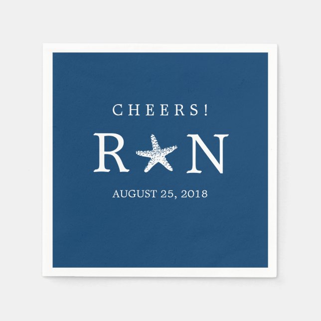 Navy Blue Monogram Starfish | Wedding Paper Napkins (Front)