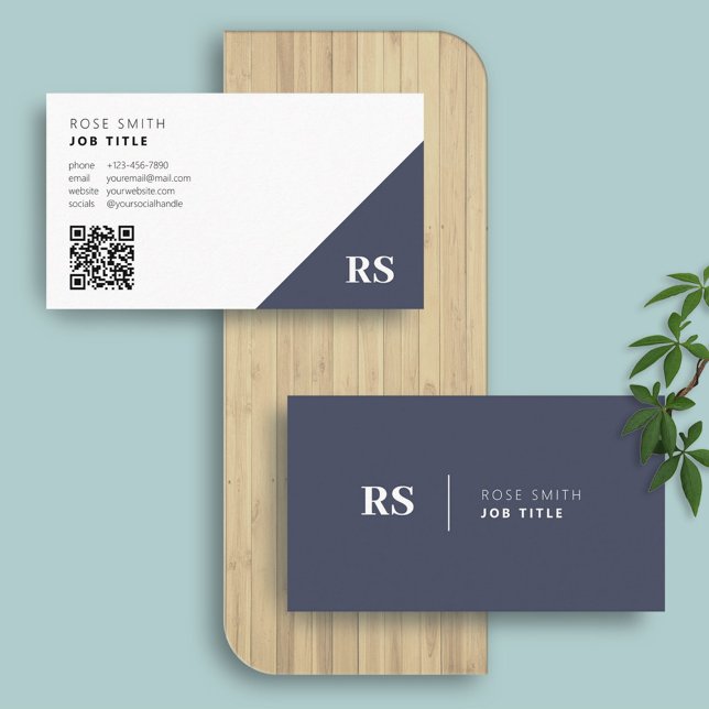 Navy Blue | Monogram Stylish QR Code Business Card (Creator Uploaded)