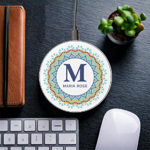 Navy Blue Monogram Teal Personalized Wireless Charger