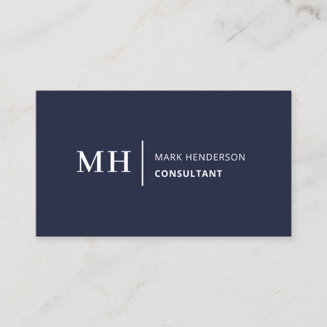 Navy Blue Monogram Trendy Elegant Modern Business Card (Front)
