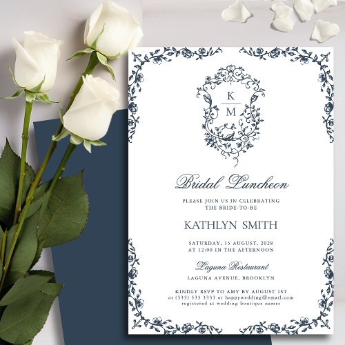 Navy Blue Monogram Vintage Crest Bridal Luncheon Invitation